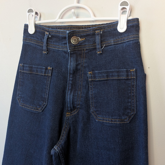 ZARA Wide Leg Flare Jeans Size 2 Dark Blue Sailor Style High Rise 99% Cotton - Picture 2 of 11